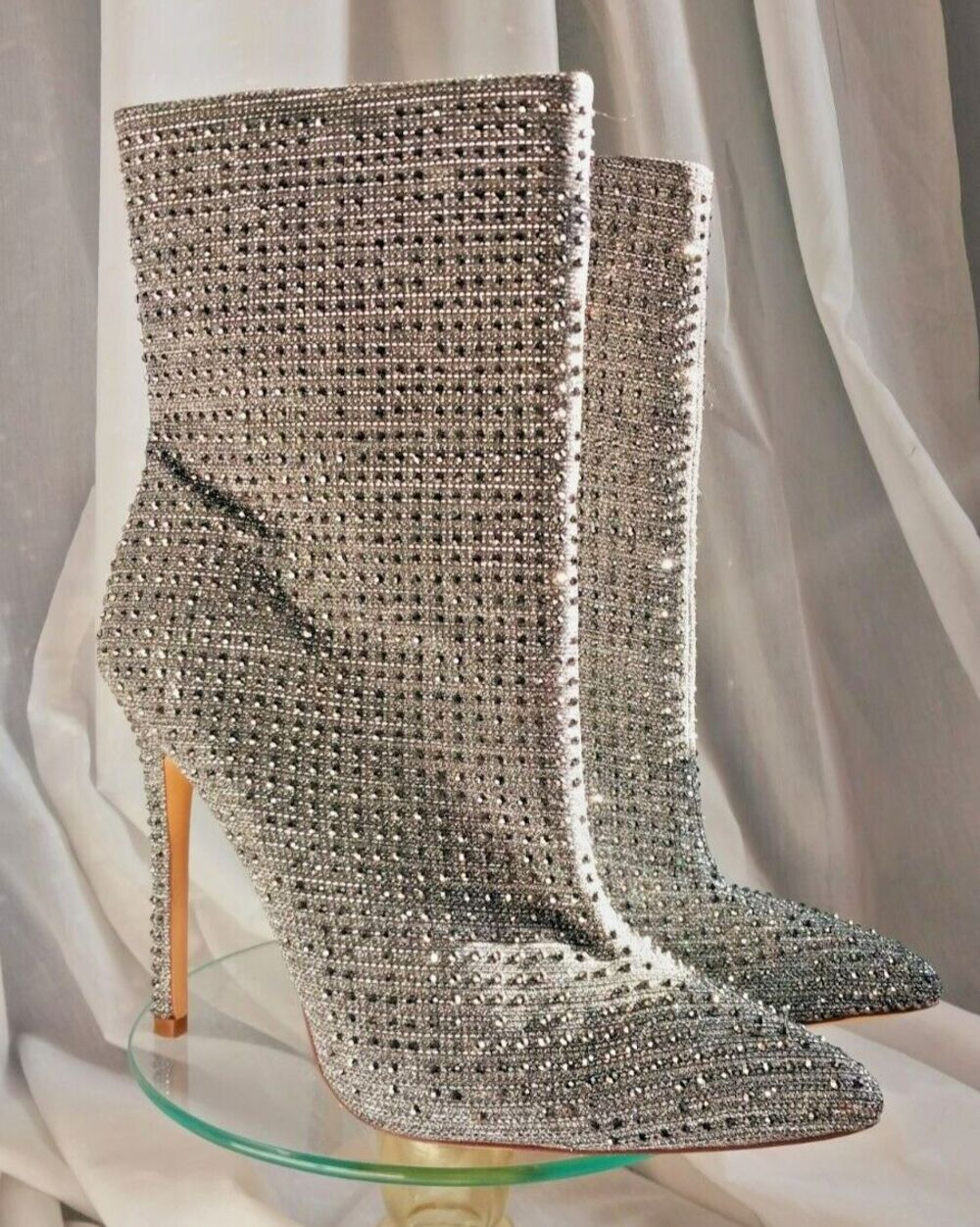 Silver Rhinestone Boots Womens Size 9 Glaze 4" Heel Pointed Toe